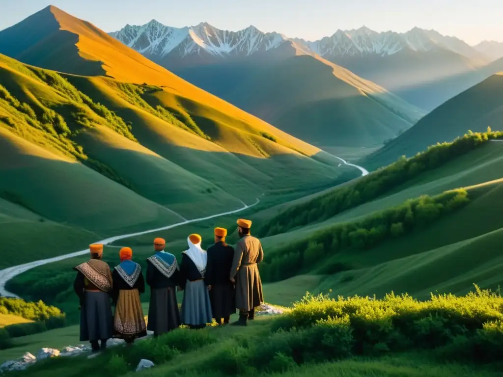 Un atardecer en las montañas de Chechenia, donde hombres y mujeres visten trajes tradicionales