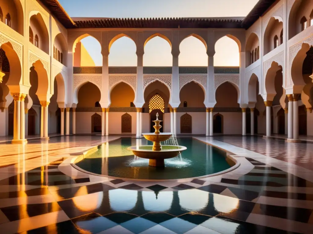 Un atardecer en un patio de mezquita con patrones geométricos y sabios discutiendo bajo arcos