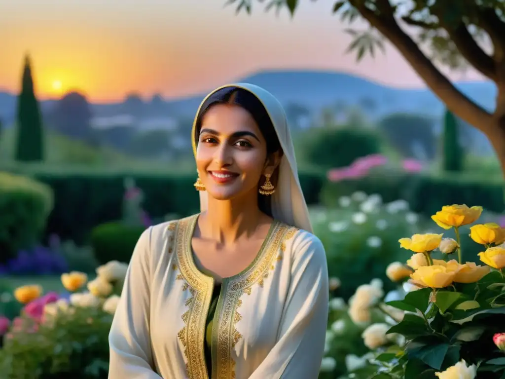 Rabia al-Adawiyya, mística sufi, sonríe en un jardín al atardecer, rodeada de flores