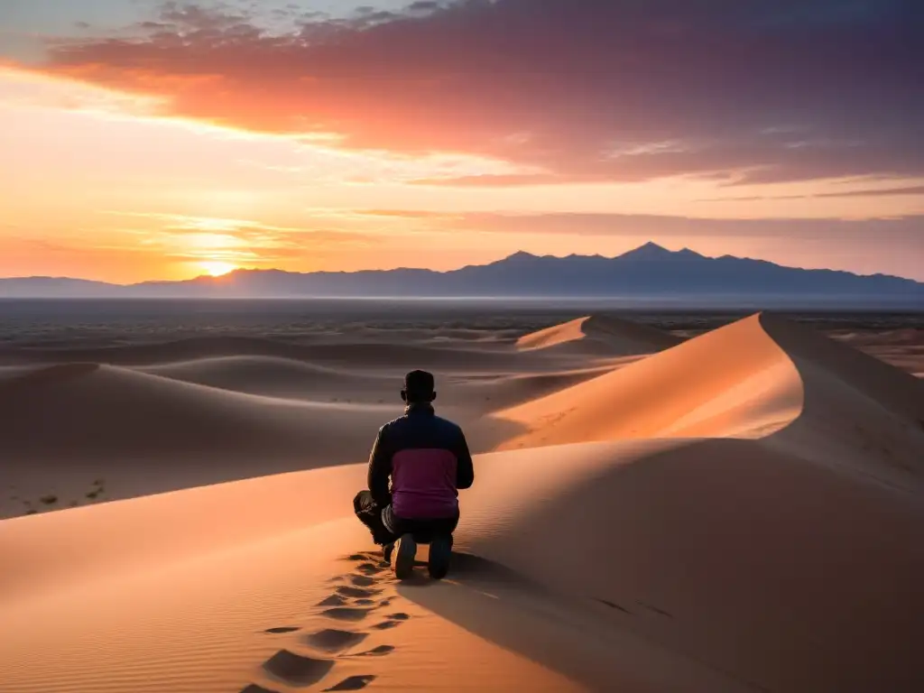 Un atardecer sereno sobre un paisaje desértico, con tonos cálidos de naranja y rosa que iluminan suavemente las dunas de arena