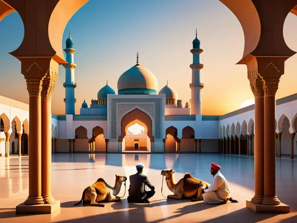 Un atardecer sereno en un patio de mezquita con animales y fieles, reflejando la ética animal en el Islam