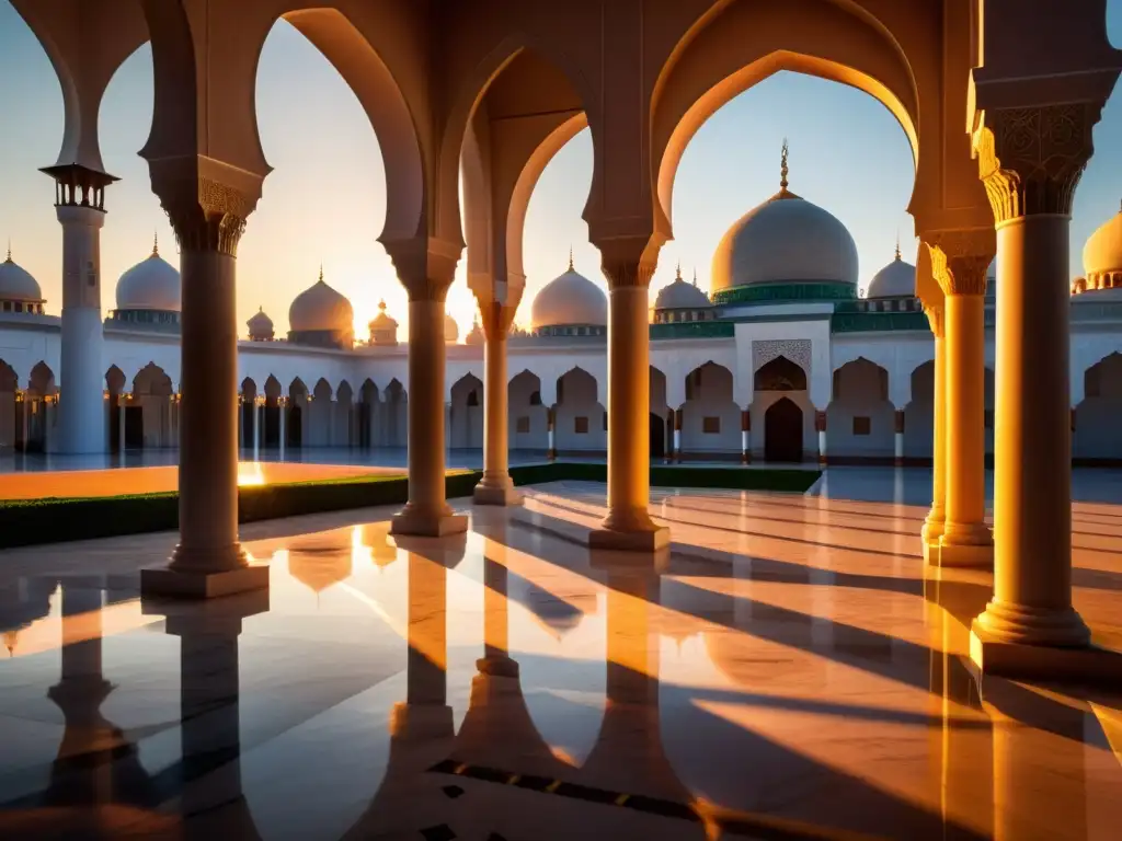 Un atardecer sereno en un patio de mezquita con patrones geométricos y una cálida luz solar