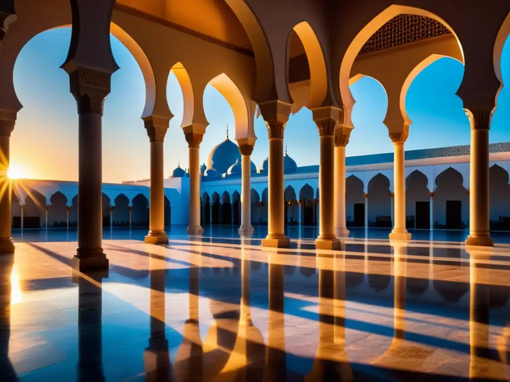 Un atardecer sereno en un patio de mezquita, con luz dorada cálida filtrándose a través de los arcos intrincados