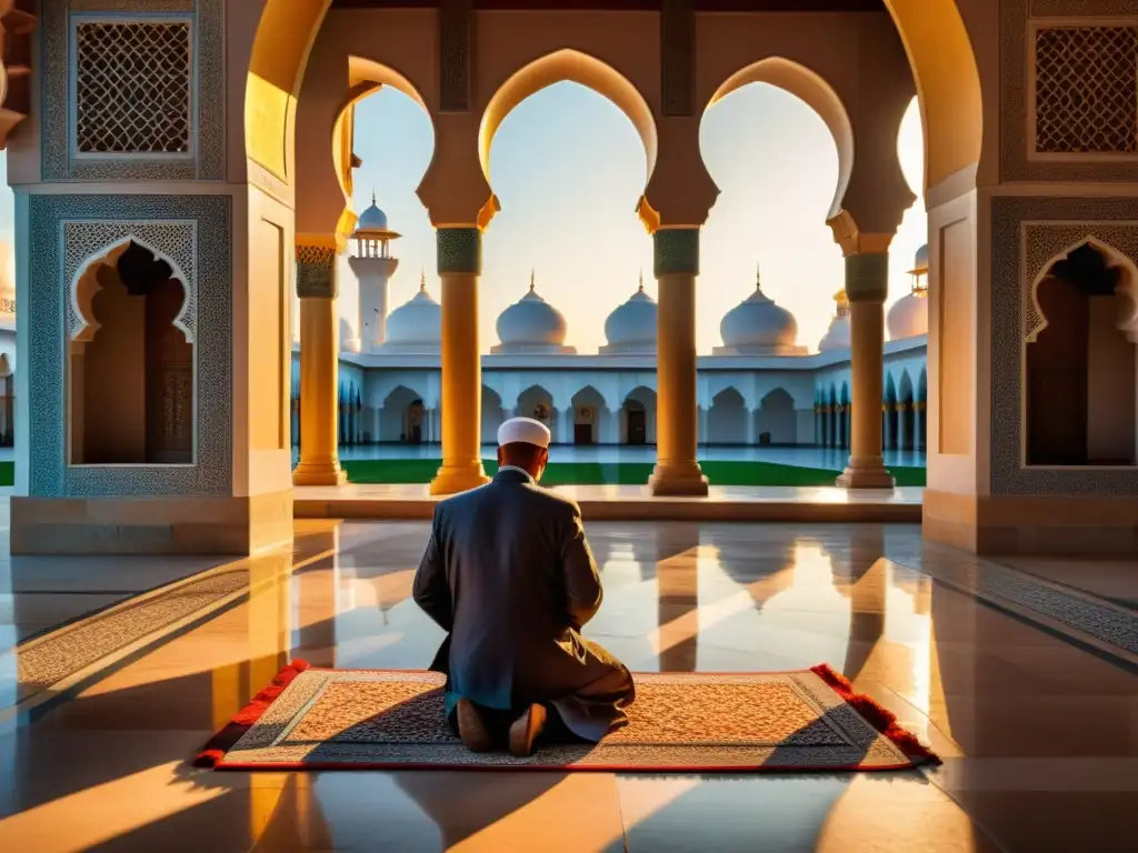 Un atardecer sereno en un patio de mezquita, con luz dorada cálida que atraviesa arcos intrincados y proyecta sombras largas en los azulejos