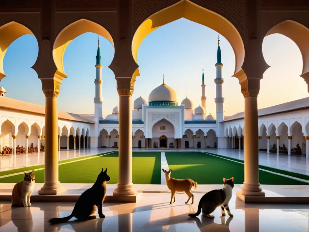 Un atardecer sereno en un patio de mezquita con animales bien cuidados y humanos, simbolizando la ética animal en el Islam