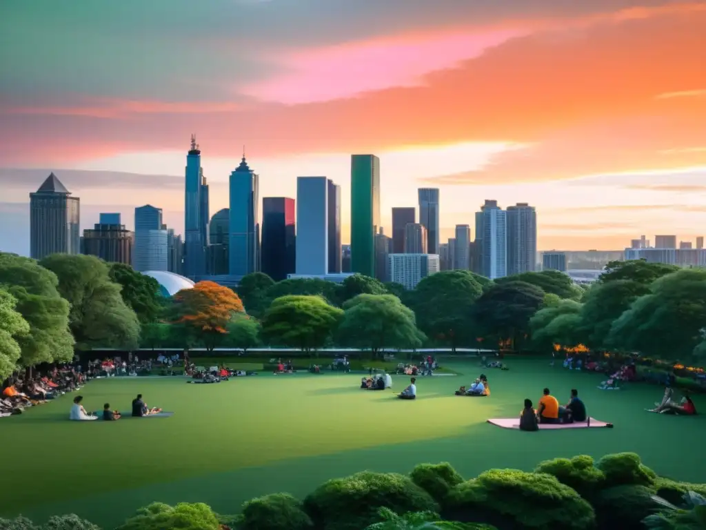 Un atardecer vibrante sobre una ciudad bulliciosa, con un parque verde y gente disfrutando