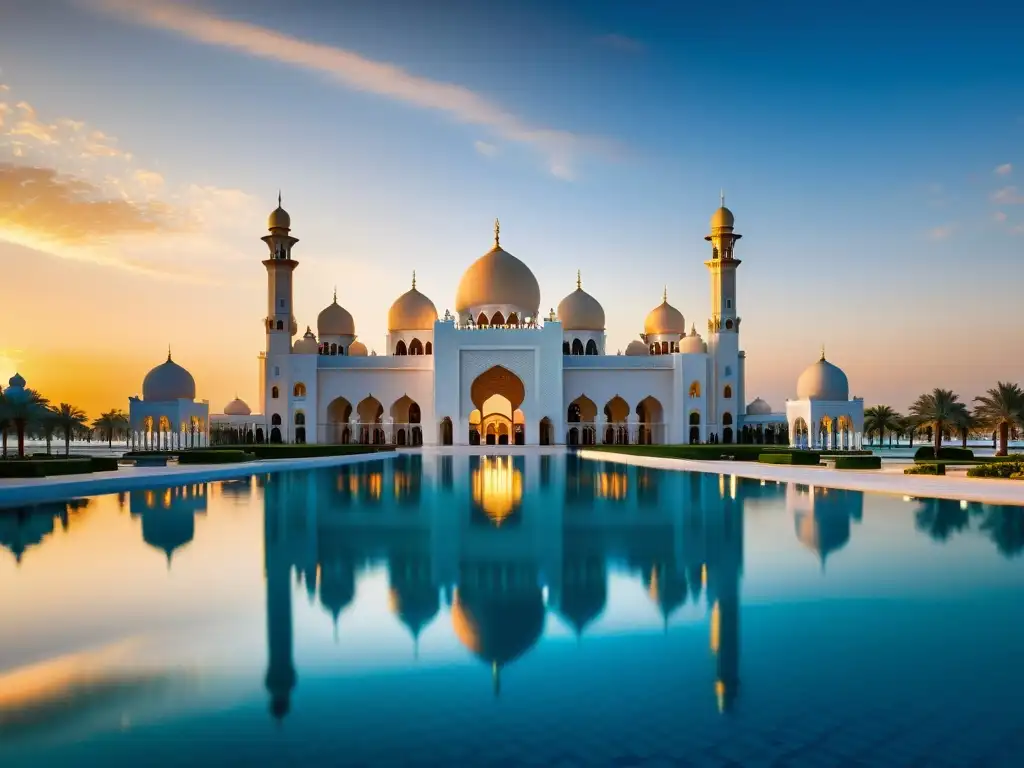 Un atardecer vibrante ilumina el majestuoso Palacio de los Emires en Abu Dhabi, resaltando su arquitectura intrincada y opulenta