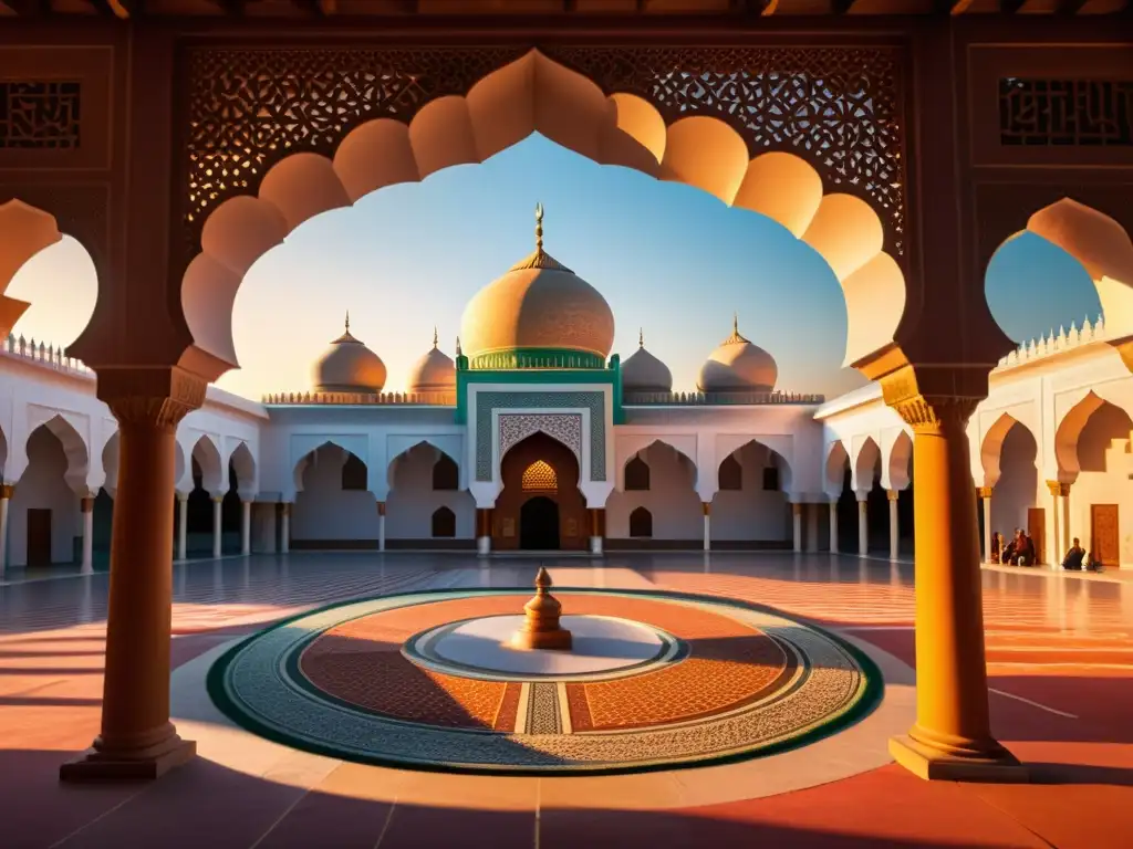 Un atardecer vibrante en un patio de mezquita, con patrones geométricos y narrativas orales que unen a la sociedad islámica