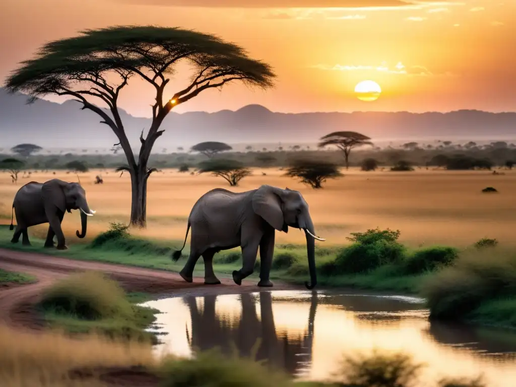 Un atardecer vibrante sobre la sabana africana, con un elefante majestuoso y un río serpenteante