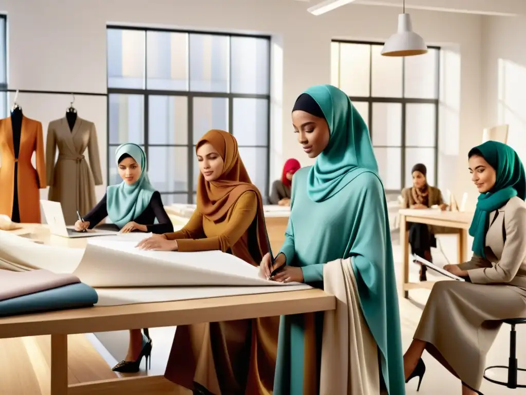 Un atelier moderno y luminoso donde creadoras musulmanas de moda tradicional diseñan con entusiasmo entre textiles y bocetos