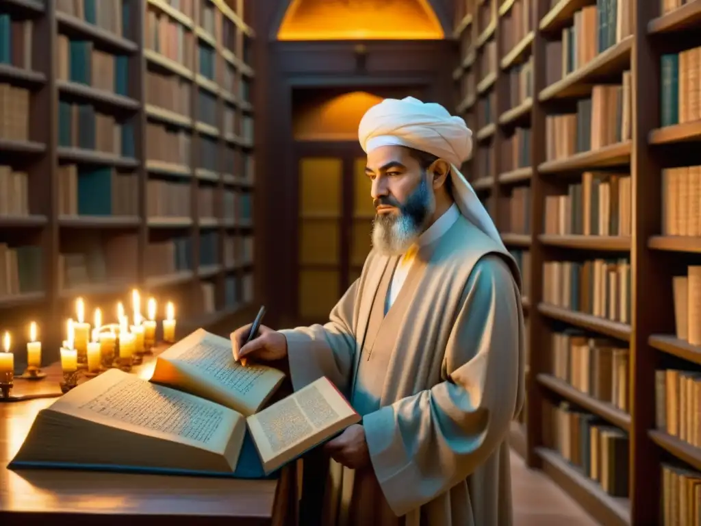 Avicenna estudia con atención el Canon de Medicina en una majestuosa biblioteca iluminada por velas