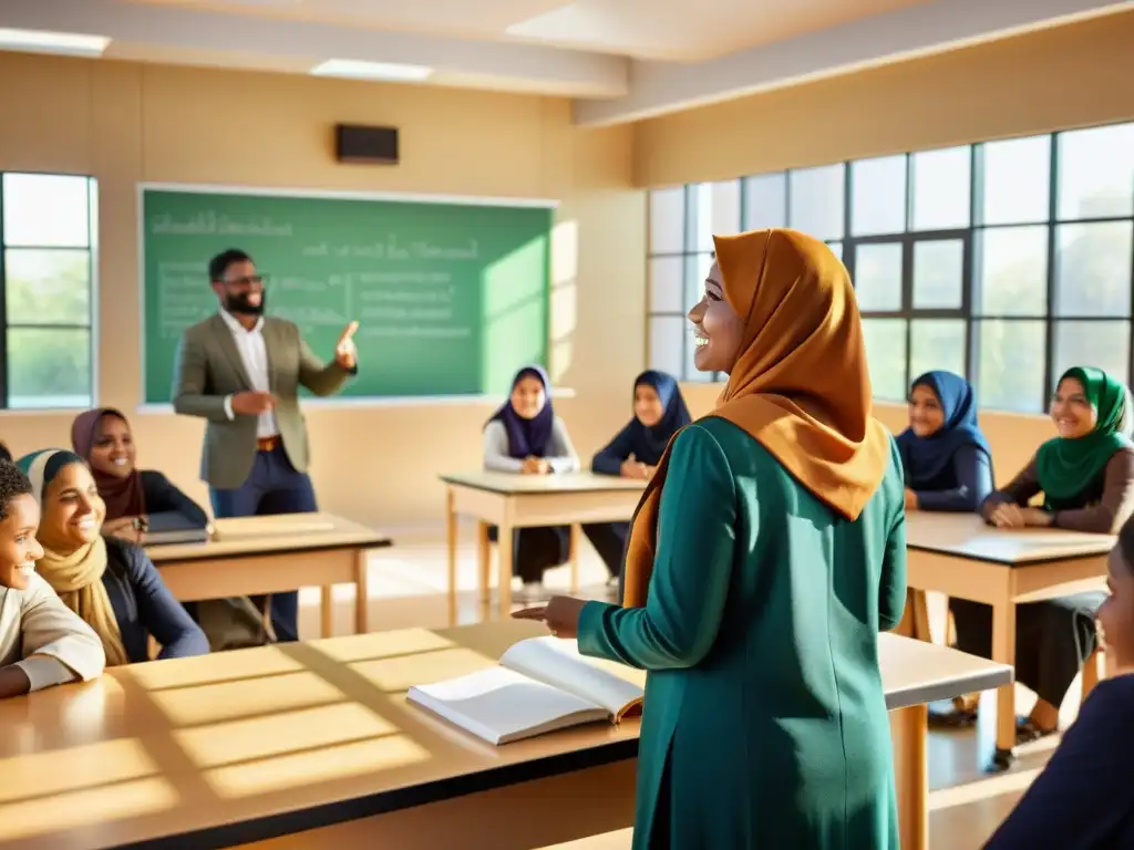 Una aula moderna llena de estudiantes diversos participando en actividades de aprendizaje colaborativo