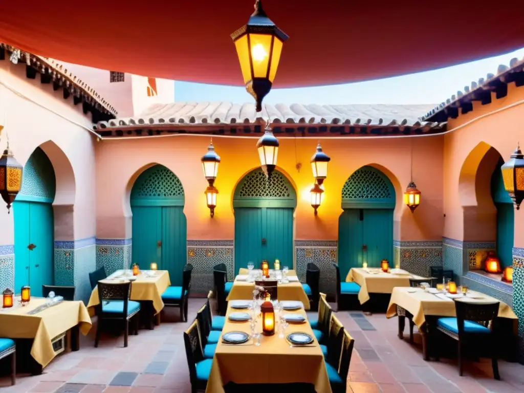 Disfrute de auténtica cocina Halal en un restaurante tradicional de Marrakech, bajo el cálido sol del patio adornado con mosaicos y faroles