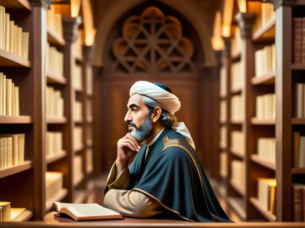 Averroes reflexiona en una biblioteca antigua, iluminado por una lámpara, en armonía entre Islam y razón análisis