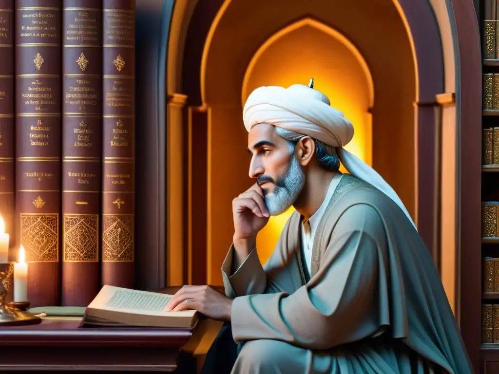 Averroes reflexiona en una biblioteca decorada, rodeado de manuscritos y objetos científicos, iluminado por la luz de las velas