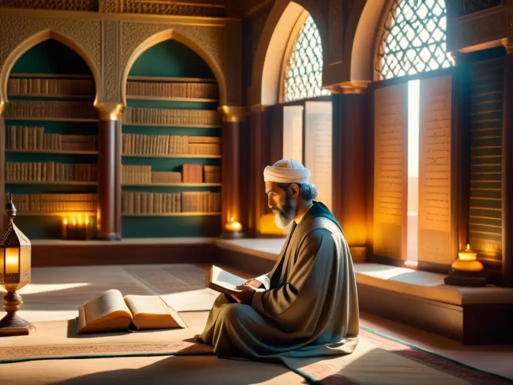 Averroes reflexiona en una biblioteca islámica, evocando la armonía entre Islam y razón análisis