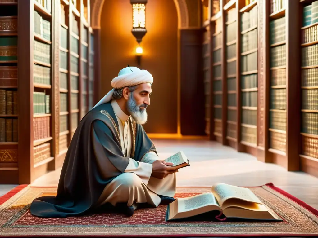 Averroes reflexiona en biblioteca islámica sobre armonía entre Islam y razón análisis, rodeado de antiguos textos y detalles exquisitos