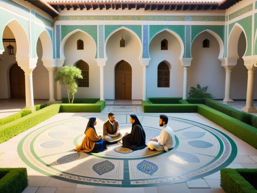 Averroes diálogo interreligioso actual: Courtyard con mosaicos, personas de diferentes culturas conversando en un ambiente cálido y acogedor