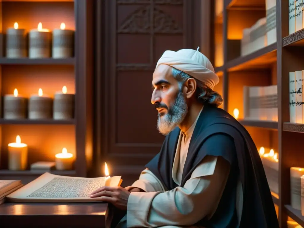 Averroes en su estudio iluminado por velas, inmerso en pensamientos profundos sobre la armonía entre la razón y la fe