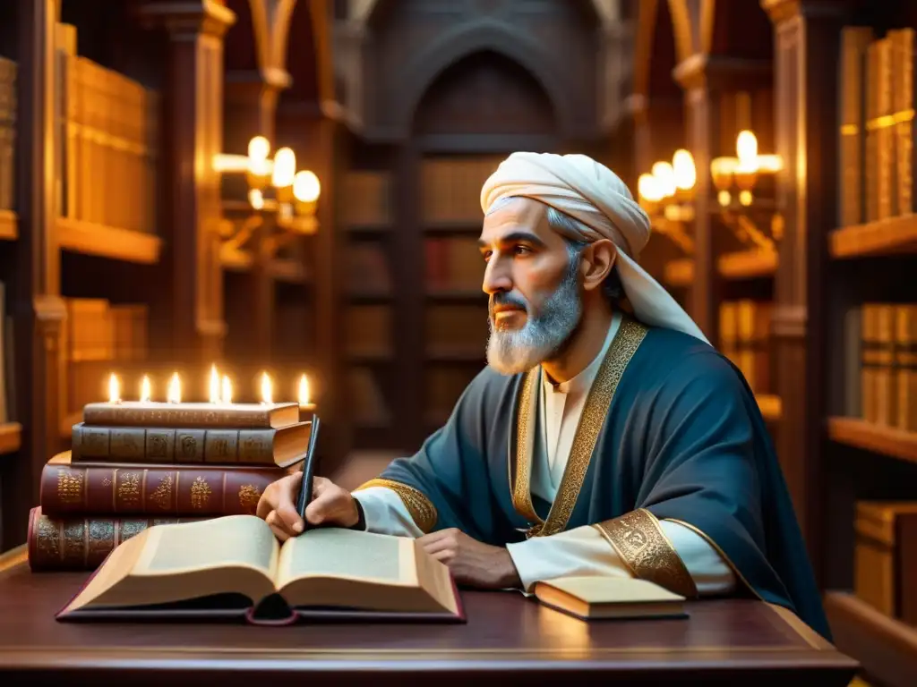 Averroes inmerso en la armonía de la razón y la fe, contemplando profundos conceptos filosóficos en una biblioteca medieval ricamente decorada