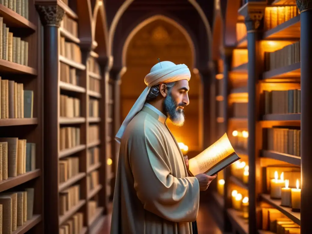 Averroes inmerso en la armonía de la razón y la fe, rodeado de antiguos manuscritos en una biblioteca iluminada por velas