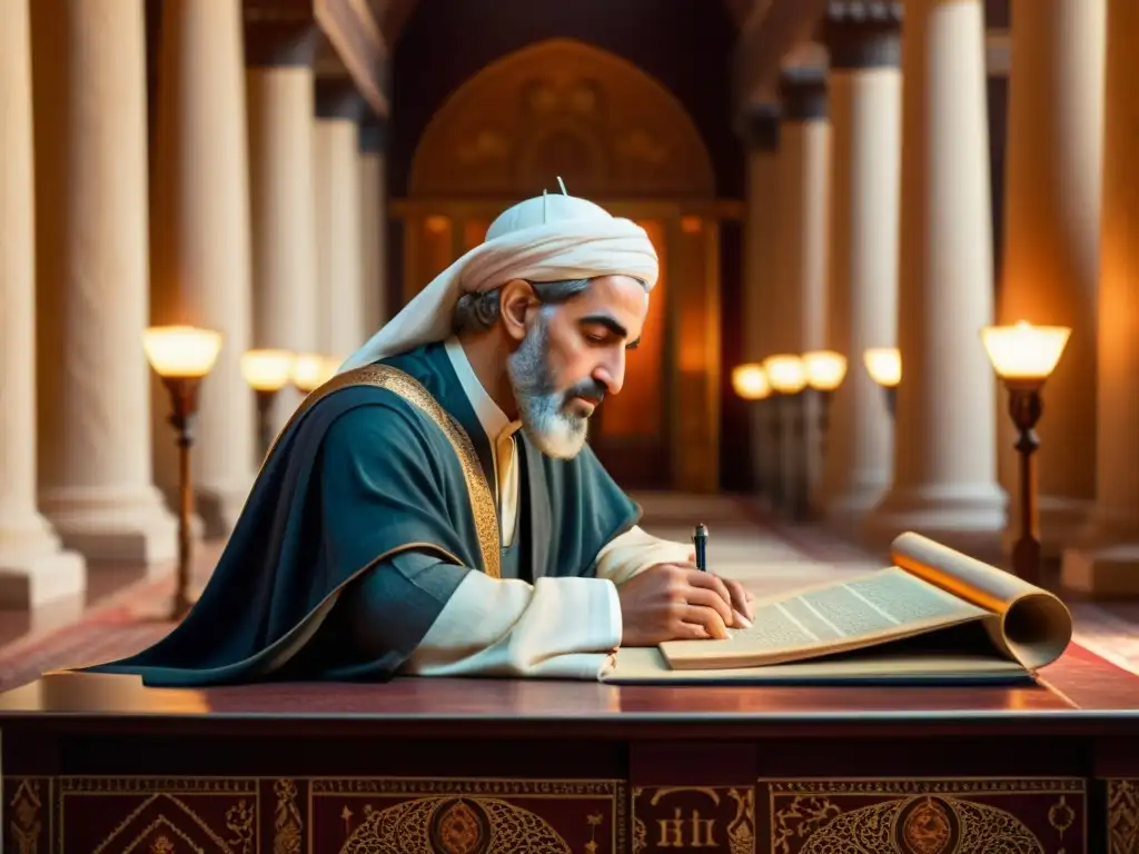 Averroes inmerso en el diálogo interreligioso actual, estudiando antiguos manuscritos en una biblioteca grandiosa