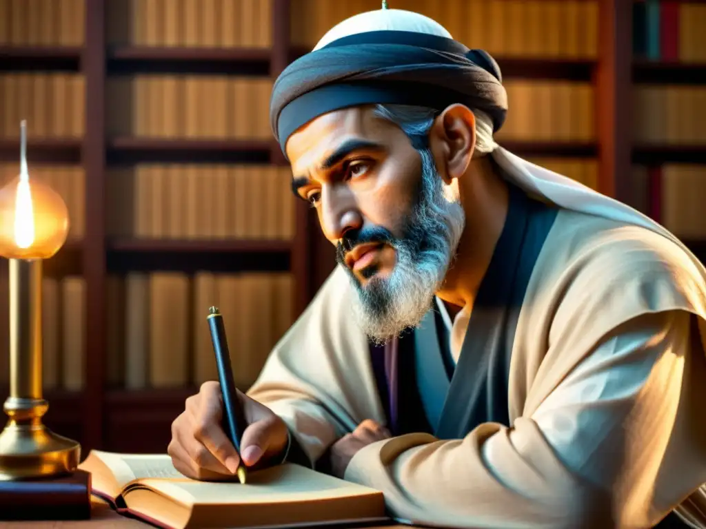 Ibn Rushd (Averroes) inmerso en el pensamiento, rodeado de libros y pergaminos, iluminado por la cálida luz de una lámpara, reflexionando sobre la interpretación racional del islam