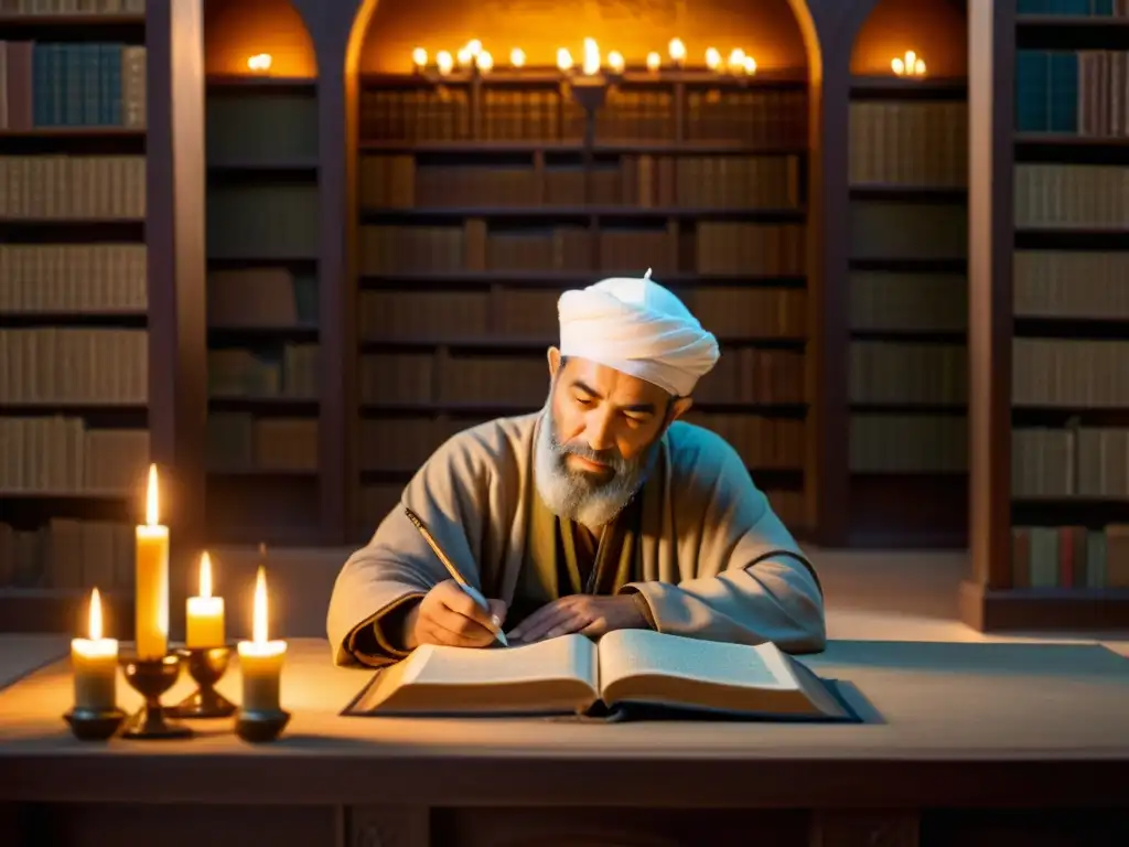 Avicena en una biblioteca medieval, estudiando y escribiendo rodeado de textos antiguos, iluminado por luz de velas