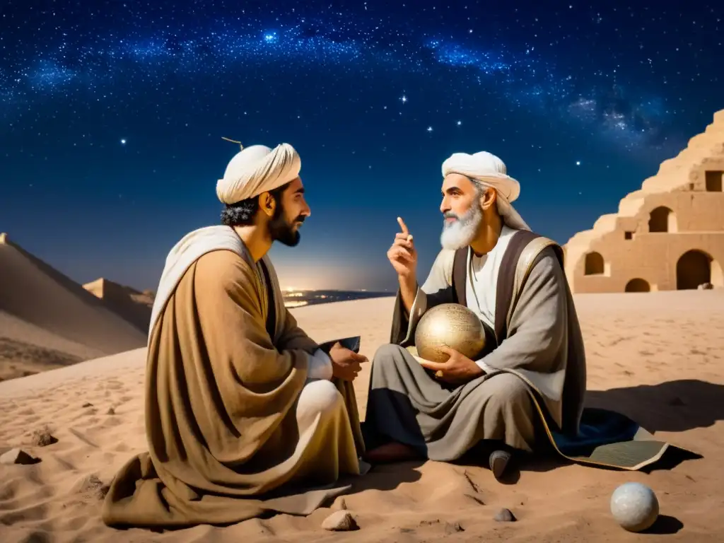 Averroes y Avicena, dos filósofos de la astronomía, inmersos en profunda conversación bajo un cielo estrellado lleno de maravilla y contemplación