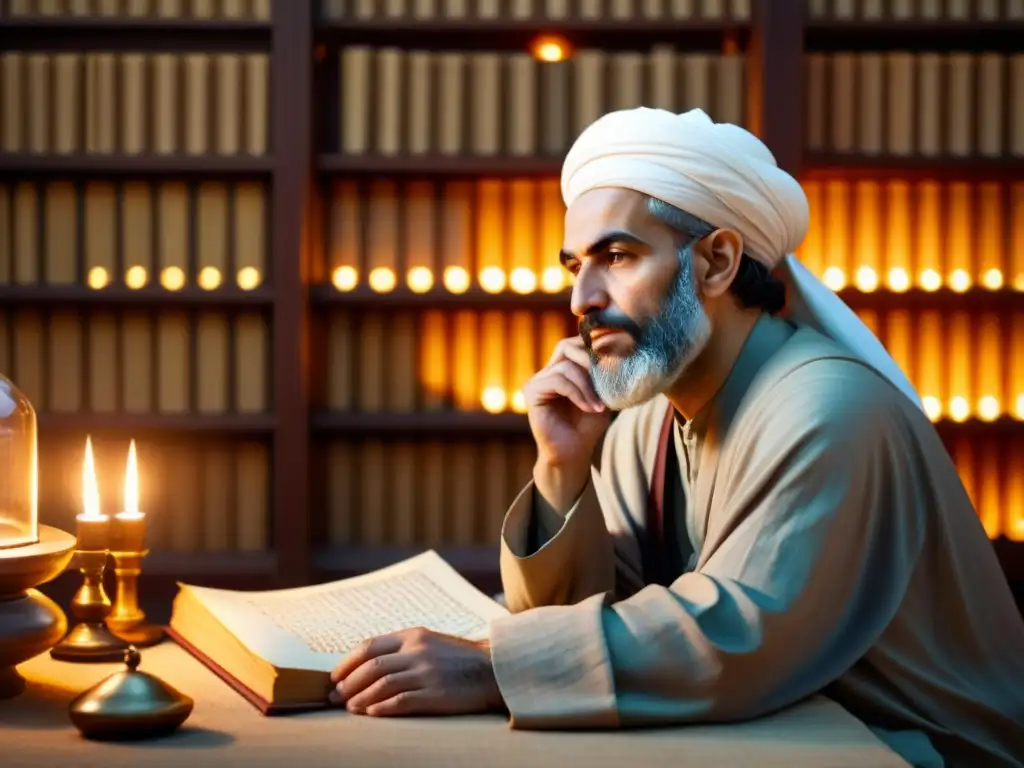 Avicenna, pensador musulmán, reflexiona sobre principios éticos islámicos en su estudio histórico, rodeado de manuscritos y luz de velas