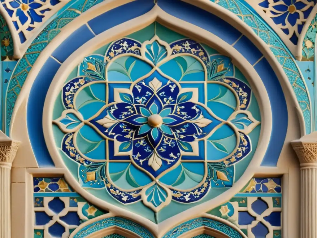 Un azulejo persa detallado en un arco islámico histórico, con patrones florales y geométricos en azul y turquesa