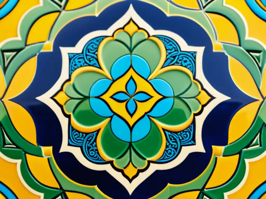 Un azulejo persa detallado con patrones geométricos y colores vibrantes, reflejando la historia y artesanía del diseño de azulejos persas