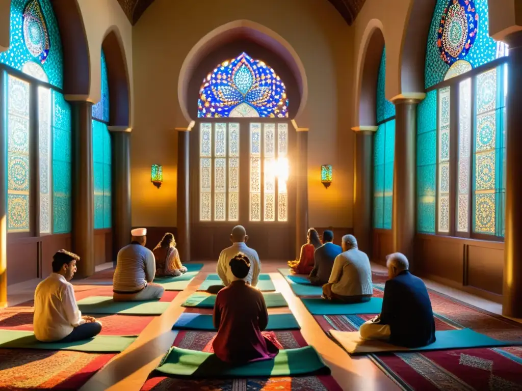 Bahá'ís en oración, ataviados con ropas tradicionales, en una sala iluminada por vitrales, reflejando belleza serena