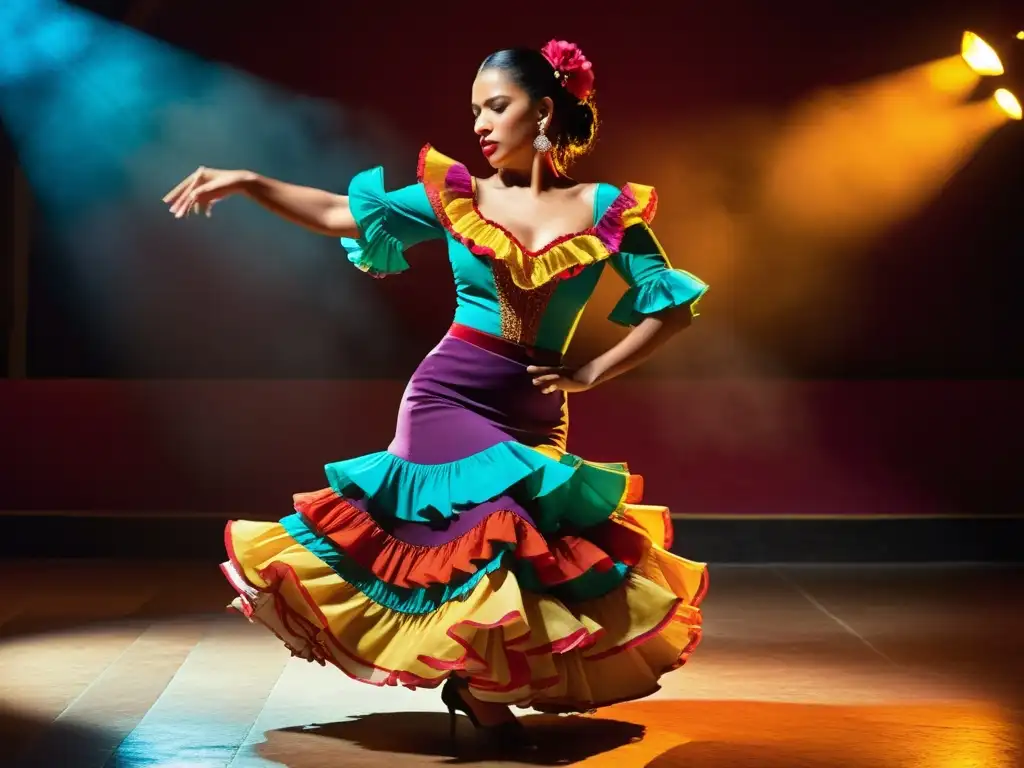 Una bailaora de flamenco en un tablao vibrante, expresando la intensa esencia del arte en Al-Ándalus