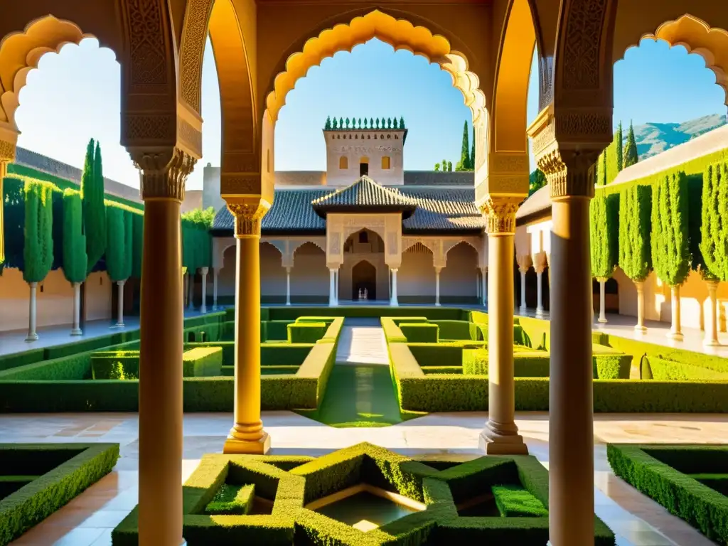 La Alhambra en Granada bañada por la luz dorada del sol, muestra la majestuosidad de la arquitectura islámica