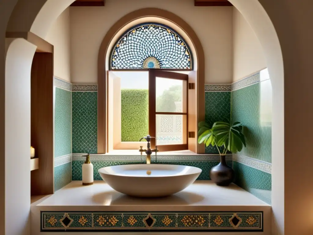 Baño islámico tradicional: detalle fascinante Un baño islámico tradicional con azulejos intrincados, una fuente de mármol para la ablución y luz natural suave