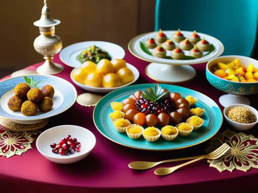 Banquete imperial con platos de la cocina califal islámica en una mesa decorada con textiles vibrantes y vajilla dorada