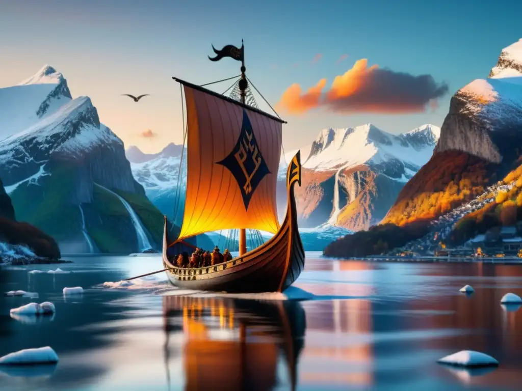 Un barco vikingo navega por un fiordo al atardecer, mostrando intercambios culturales entre vikingos e islam