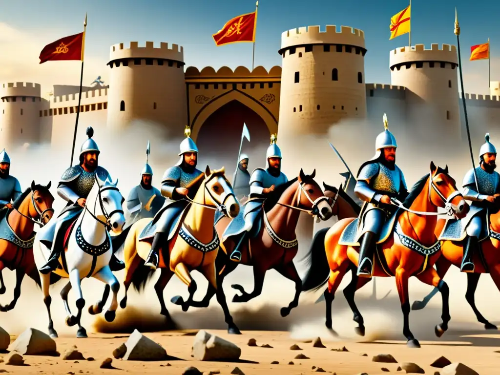 Conquista islámica: soldados a caballo en carga Batalla épica de estrategias expansión Islam siglo VII: soldados islámicos a caballo cargando hacia una fortificación enemiga