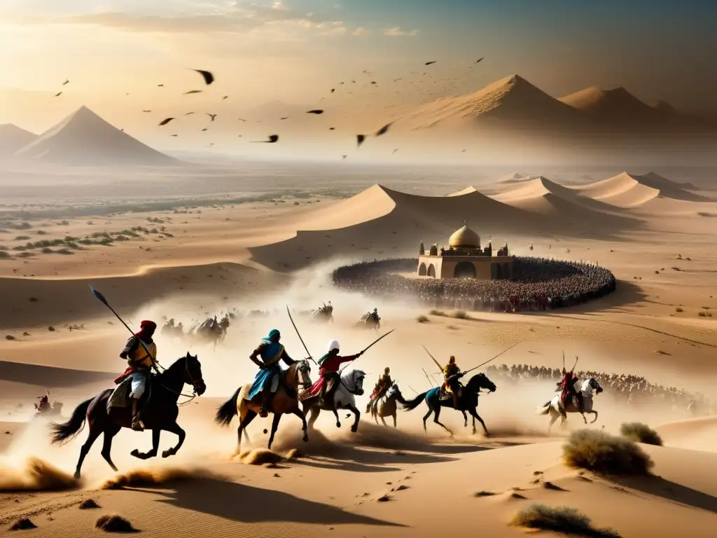 Batalla de Qadisiyyah: Caída de Persia ante avance islámico, con intensidad y drama en el desierto al atardecer