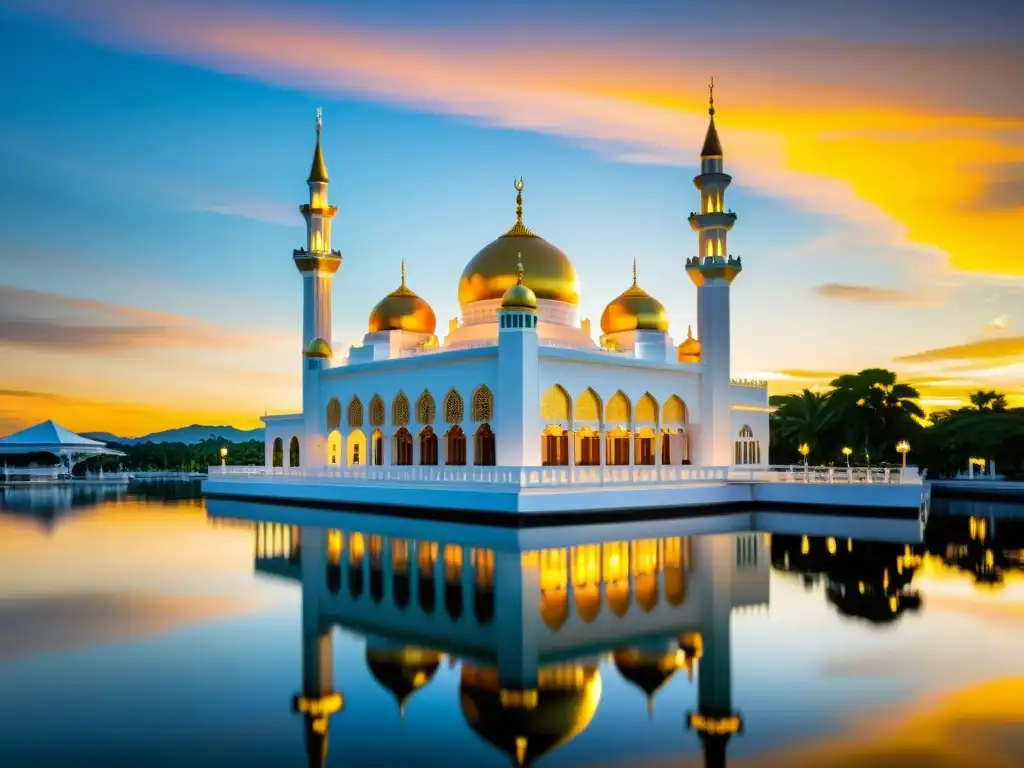 Belleza de Brunei: reflejo islámico en la serena puesta de sol sobre la Mezquita Sultan Omar Ali Saifuddin