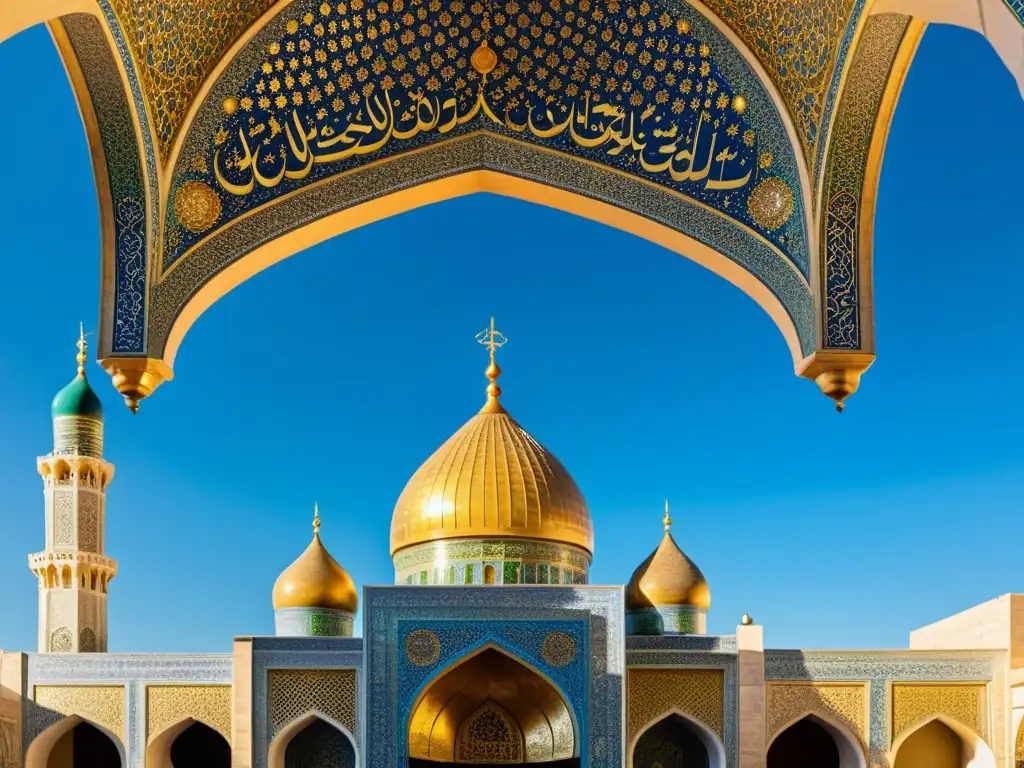 Explorando la belleza del chiismo en Irán: la cúpula dorada de la mezquita de Fátima Masumeh en Qom, con intrincados detalles de azulejos y caligrafía, bañada por la cálida luz del sol