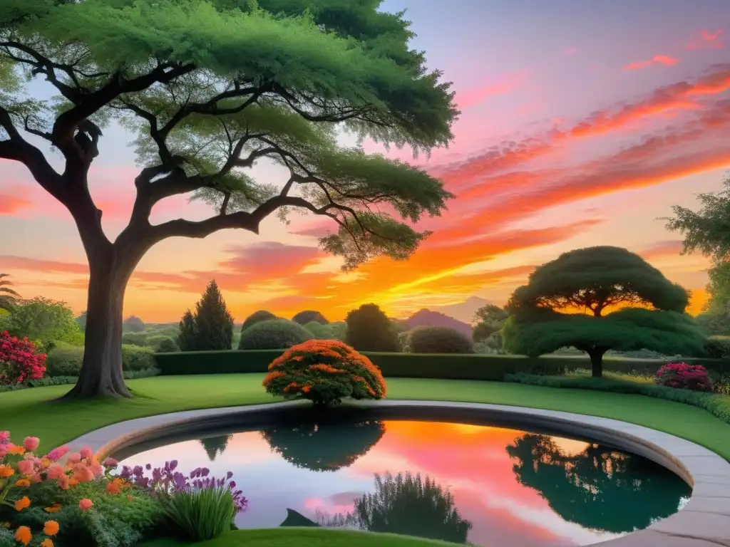 Belleza lírica en un jardín tranquilo al atardecer, donde la naturaleza refleja la poesía de Hafiz