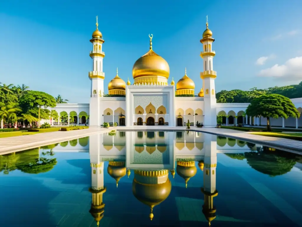 Belleza de Brunei: serenidad en el patio de una mezquita con jardines verdes y un estanque reflectante, donde se respira tranquilidad espiritual