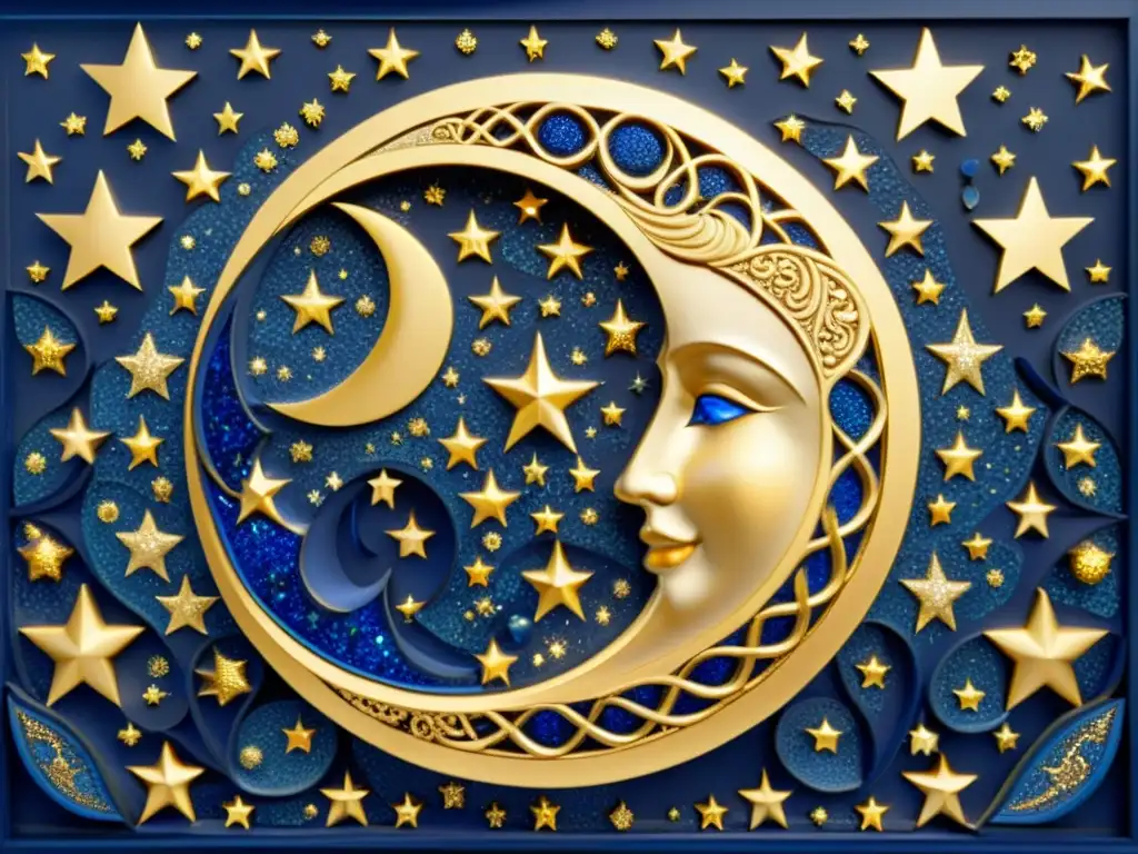 Un bello diseño con luna creciente y estrellas en una intrincada obra de arte, evocando paz y espiritualidad en los rituales de celebraciones en comunidad musulmana