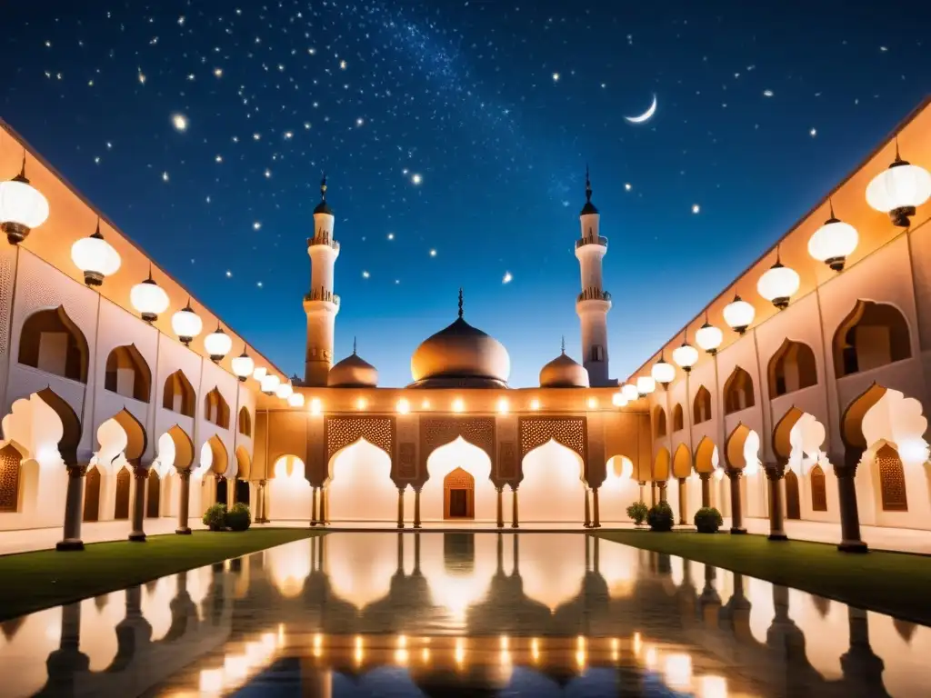 Un bello patio de mezquita iluminado por lámparas, con gente en oración y una noche estrellada