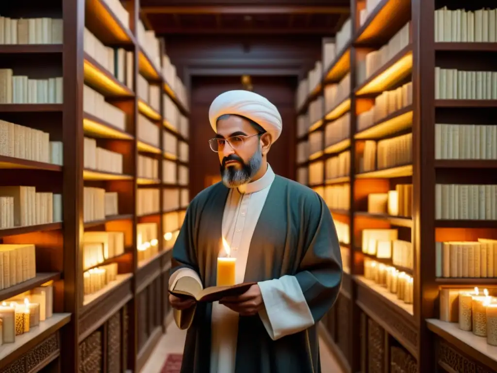 AlKhwarizmi en biblioteca árabe con algoritmos, luz de velas y herramientas matemáticas, legado de los algoritmos árabes al mundo moderno