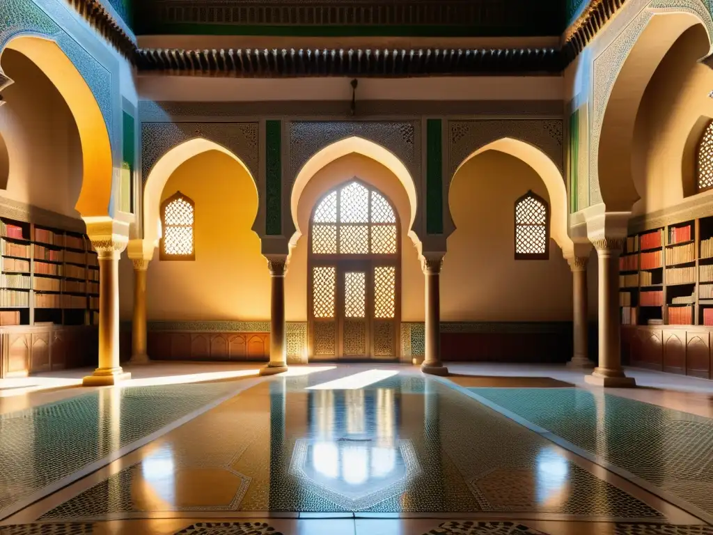 Courtyard de la Biblioteca AlQarawiyyin en Fez, Marruecos, evocando herencia intelectual de universidades islámicas