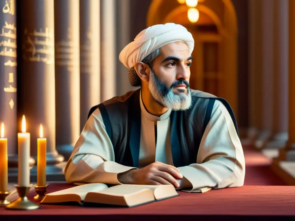 Ibn Rushd (Averroes) reflexiona en una biblioteca antigua, rodeado de manuscritos