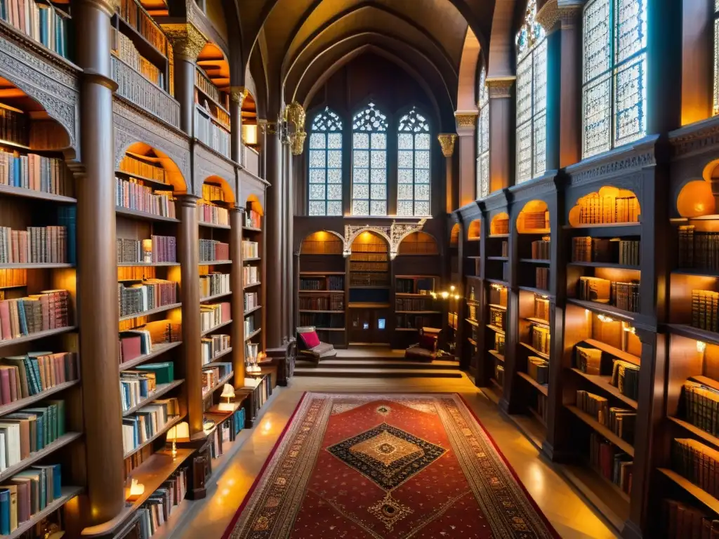 Una biblioteca bulliciosa del Califato Otomano, llena de estanterías de madera ornamentada, bañada por cálida luz natural